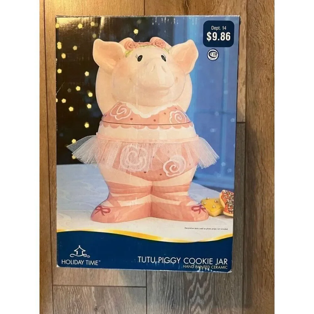 Tutu Piggie Cookie Jar Hand Painted Ceramic Pink Cutesy Ballerina NEW IN BOX